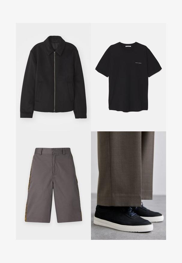 Črna jakna z zadrgo, prilagojena zasnova, okrogla ovratnica in žepi z rezi. Narejena iz gladke, teksturirane tkanine.; Črna bombažna majica s kratkimi rokavi in okroglim ovratnikom, z belim logotipom natisnjenim na levi prsni strani. Preprost, enobarven dizajn.; Sive kratke hlače iz gladkega materiala, ki vključujejo stranske panele z leopardjim vzorcem, z ravnim sprednjim delom in standardnim pasom.; Črne nubuk teniske z belimi gumijastimi podplati, ki imajo zaobljen nos in vezalke, oblečene z sivimi krojenimi hlačami.