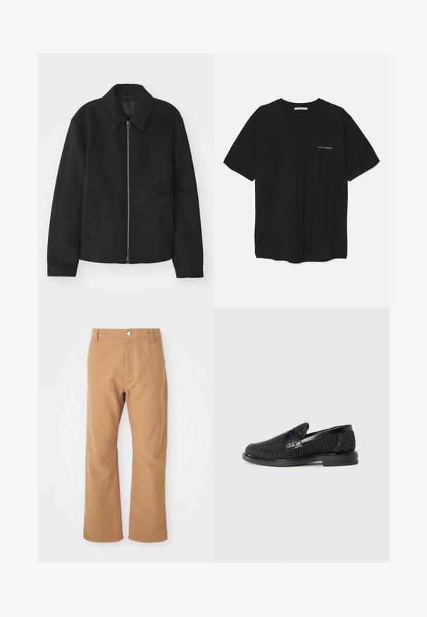 Black jacket with a zip closure, tailored design, a rounded collar, and slit pockets. Made from a smooth, textured fabric.; Black cotton T-shirt with a crew neck, short sleeves, and a white logo print on the left chest. Simple, solid color design.; Brown cotton pants with a straight leg design, featuring a single button closure and subtle stitching for added detail.; Black woven slip-on shoe with a smooth leather accent on the upper, a round toe design, and a low-profile rubber sole.