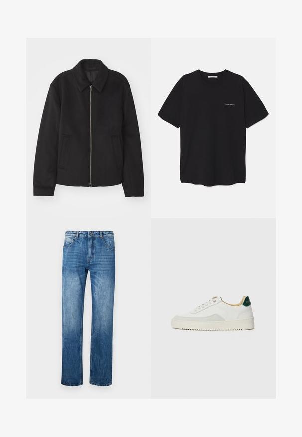 Svart jacka med dragkedjestängning, skräddarsydd design, rund krage och slitsfickor. Tillverkad av ett slätt, strukturerat tyg.; Svart bomull T-shirt med rund hals, korta ärmar och vit logotryck på vänster bröst. Enkel, enfärgad design.; Blå denimbyxor med rak skärning, som har fem fickor, bälteslinor och subtila blekningar över tyget.; Vit sneaker med mockadetaljer, rund tå, platta snören och en krämfärgad gummisula. Har grön branding på hälen.