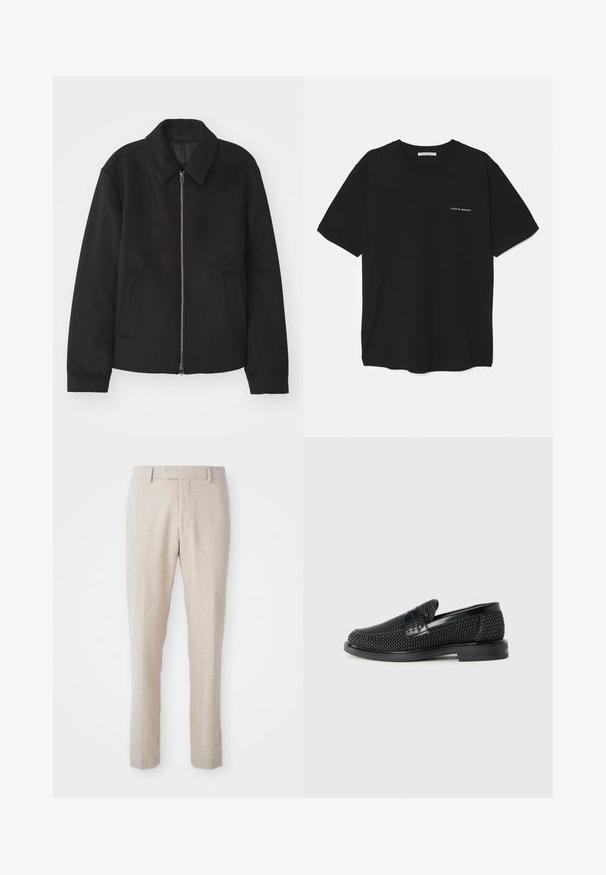 Črna jakna z zadrgo, prilagojena zasnova, okrogla ovratnica in žepi z rezi. Narejena iz gladke, teksturirane tkanine.; Črna bombažna majica s kratkimi rokavi in okroglim ovratnikom, z belim logotipom natisnjenim na levi prsni strani. Preprost, enobarven dizajn.; Beženi tkanini hlače s ravnim krojem, z ravnim sprednjim delom, zankami za pas in brez vidnih vzorcev ali kovinskih detajlov.; Črne pletene zavezane čevlje s gladkim usnjenim poudarkom na zgornjem delu, okroglo zasnovo nosu in nizkoprofilsko gumijasto podplat.