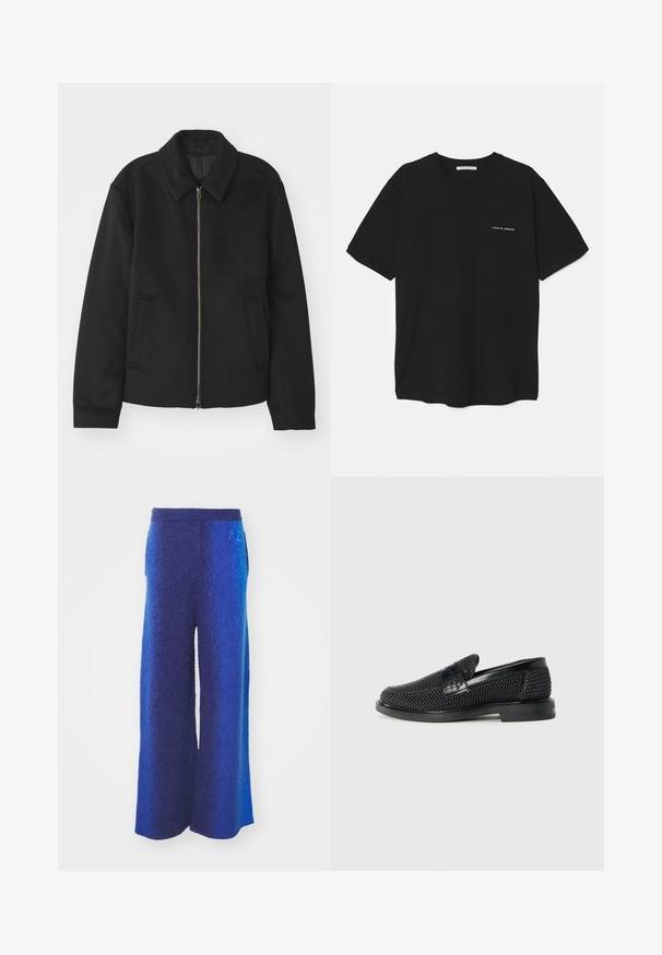 Črna jakna z zadrgo, prilagojena zasnova, okrogla ovratnica in žepi z rezi. Narejena iz gladke, teksturirane tkanine.; Črna bombažna majica s kratkimi rokavi in okroglim ovratnikom, z belim logotipom natisnjenim na levi prsni strani. Preprost, enobarven dizajn.; Hlače širokega kroja v gradientnih modrih odtenkih, s teksturirano tkanino, elastiko v pasu in stranskimi žepi. Diskretno vezenje na pasu.; Črne pletene zavezane čevlje s gladkim usnjenim poudarkom na zgornjem delu, okroglo zasnovo nosu in nizkoprofilsko gumijasto podplat.
