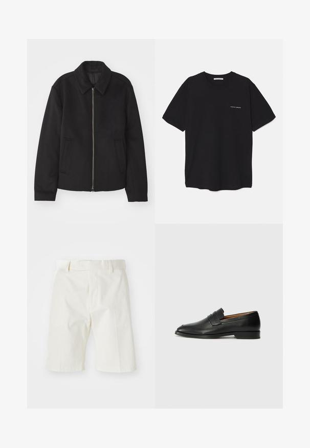 Juodas švarkas su užtrauktuku, pritaikyta forma, apvaliu apykakle ir kišenėmis su plyšiu. Pagamintas iš lygios, tekstūruotos medžiagos.; Juoda medvilninė marškinėlė su apykakle, trumpomis rankovėmis ir baltu logotipu kairėje krūtinės pusėje. Paprastas, vientisas spalvų dizainas.; Balti medvilniniai šortai su tiesiu kirpimu, turintys lygų priekį, diržo kilpas ir lygią tekstūrą. Nėra matomų raštų ar akcentų.; Juodas odinis loaferis su apvaliu nosiu, subtiliomis siuvimo detalėmis ir žemu kulnu, pasižymintis lygia tekstūra ir minimalistiniu dizainu.