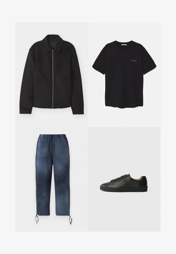 Crna jakna s patentnim zatvaračem, prilagođenog dizajna, zaobljenim kragnom i proreznim džepovima. Izrađena od glatkog, teksturiranog materijala.; Crna pamučna majica s okruglim izrezom, kratkim rukavima i bijelim logotipom otisnutim na lijevoj strani prsnog koša. Jednostavan dizajn u jednoj boji.; Navy plave hlače s rastezljivim pojasom i vezicom, s two bočna džepa i vezicama na gležnjevima, prikazane na bijeloj pozadini.; Crne niske kožne tenisice s teksturiranim površinom, crnim vezicama i debelim gumenim potplatima, prikazane sa strane na svijetloj pozadini.