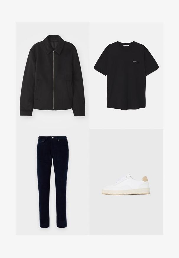 Črna jakna z zadrgo, prilagojena zasnova, okrogla ovratnica in žepi z rezi. Narejena iz gladke, teksturirane tkanine.; Črna bombažna majica s kratkimi rokavi in okroglim ovratnikom, z belim logotipom natisnjenim na levi prsni strani. Preprost, enobarven dizajn.; Moške slim-fit hlače iz temno modrega kordja z sprednjimi in zadnjimi žepi, pasnimi zankami ter gumbom za zapiranje.; Bele nizke superge z zgornjim delom iz teksturirane usnjene površine, smetano obrobljenim podplatom in svetlo rjavo akcentom na peti. Imajo bele vezalke in podrobnost z logotipom na peti.