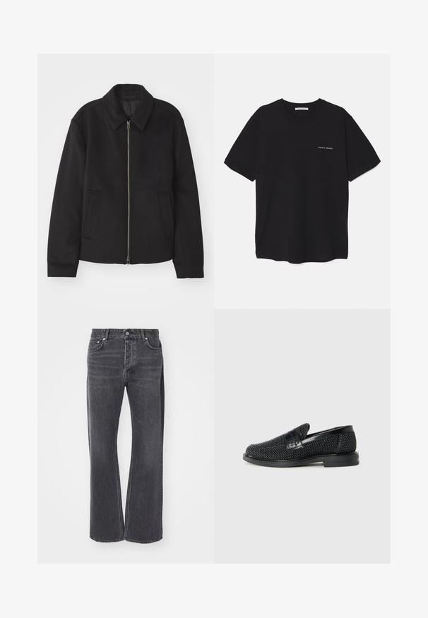 Zwarte jas met ritssluiting, op maat gemaakte ontwerp, ronde kraag en splitzakken. Gemaakt van een gladde, gestructureerde stof.; Zwarte katoenen T-shirt met een ronde hals, korte mouwen en een witte logo-print op de linkerkant van de borst. Eenvoudig, effen kleur ontwerp.; Zwarte high-waisted jeans met een losse, brede pasvorm. Gemaakt van denim, met subtiele vervaging en voor- en achterzakken.; Zwartegeweven instap schoenen met een glad leren accent aan de bovenkant, een ronde neusontwerp en een laag profiel rubberen zool.
