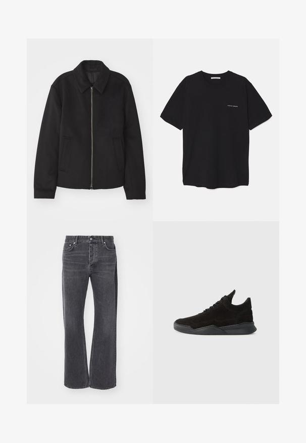 Must mustriga, mis on varustatud lukuga, kohandatud disaini, ümarate kaeluste ja lõhesalongidega taskudega. Valmistatud siledast, tekstuurilisest kangast.; Must musta T-särk, ümar kaelus, lühikesed varrukad ja valge logo trükk vasakul rinnal. Lihtne, ühtlane värvitoon.; Mustad kõrge talje mustad teksad, millel on laiem ja lõtv disain. Valmistatud denimist, sisaldavad õrna pleekimist ja ees- ning taga-taskut.; Musta sametist tossud madala profiiliga, tekstureeritud pealmise osaga, lame-lõngade ning kindla kummitaldaga, millel on kerge konts ja kaardus disain.