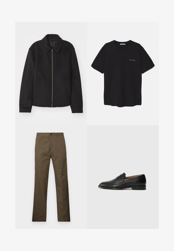 Giacca nera con chiusura con zip, design sartoriale, collo arrotondato e tasche a fessura. Realizzata in un tessuto morbido e texture.; T-shirt in cotone nero con collo rotondo, maniche corte e stampa bianca del logo sul lato sinistro del petto. Design semplice e monocromatico.; Pantaloni in cotone marroni a gamba dritta, con chiusura a bottone e tasche laterali, esposti su uno sfondo bianco.; Mocassino in pelle nera con punta arrotondata, dettagli cuciti sottili e tacco basso, caratterizzato da una texture liscia e un design minimalista.