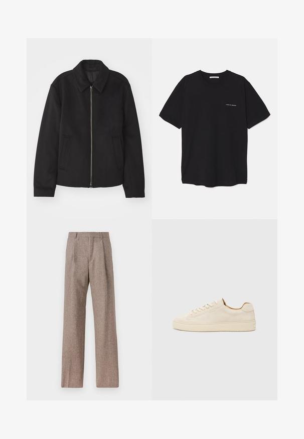 Casaco preto com fecho de correr, design ajustado, colarinho redondo e bolsos com fenda. Feito de um tecido liso e texturizado.; T-shirt preta de algodão com gola redonda, mangas curtas e impressão de logó tipo branca no lado esquerdo do peito. Design simples, de cor sólida.; Calças castanhas de cintura alta feitas de tecido texturado. Apresentam pernas largas e duas pregas frontais para estrutura. Acabamento cuidadoso sem hardware visível.; Sapatilhas de camurça bege com um design de cano baixo, bico redondo, atacadores planos e uma sola de borracha texturizada. Estilo minimalista sem logótipos visíveis.