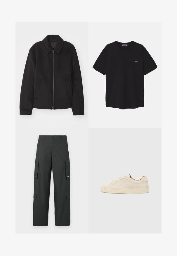 Černá bunda se zipovým uzávěrem, střižená designem, kulatým límcem a kapsami na bocích. Vyrobena z hladké, strukturované tkaniny.; Černé bavlněné tričko s kulatým výstřihem, krátkými rukávy a bílým logem potisknutým na levé straně hrudi. Jednoduchý, jednobarevný design.; Černé rovné cargo kalhoty s bočními kapsami na klopy, uzavíráním na knoflík, poutky na opasek a malým bílým logem na klopě pravé kapsy.; Beige semišové tenisky s nízkým střihem, kulatou špičkou, plochými tkaničkami a texturovanou gumovou podrážkou. Minimalistický styl bez viditelných log.