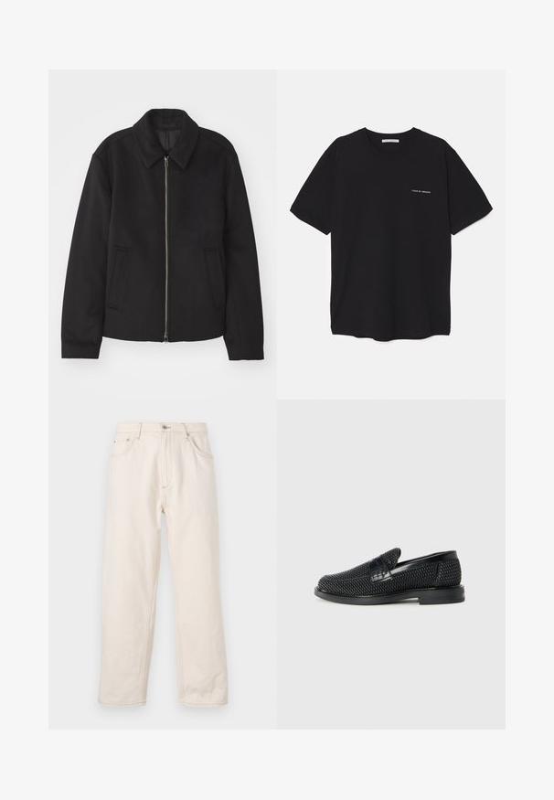 Black jacket with a zip closure, tailored design, a rounded collar, and slit pockets. Made from a smooth, textured fabric.; Black cotton T-shirt with a crew neck, short sleeves, and a white logo print on the left chest. Simple, solid color design.; Beige straight-leg jeans made of denim, featuring a button closure, five pockets, and visible stitching details. Smooth texture.; Black woven slip-on shoe with a smooth leather accent on the upper, a round toe design, and a low-profile rubber sole.