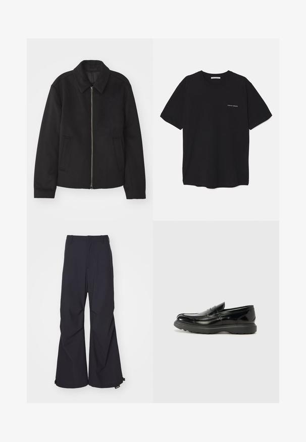 Crna jakna s patentnim zatvaračem, prilagođenog dizajna, zaobljenim kragnom i proreznim džepovima. Izrađena od glatkog, teksturiranog materijala.; Crna pamučna majica s okruglim izrezom, kratkim rukavima i bijelim logotipom otisnutim na lijevoj strani prsnog koša. Jednostavan dizajn u jednoj boji.; Tamne plave široke hlače od glatkog materijala, s dva prednja džepa i detaljima užeta na rubovima. Čist, krojen dizajn bez ukrasa.; Crne kožne mokasine s sjajnom završnom obradom, okruglim vrhom, suptilnim detaljima šivanja i debelim gumenim đonom za izdržljivost.