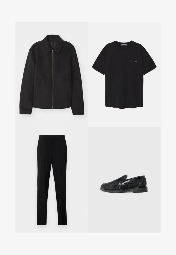 Schwarze Jacke mit Reißverschluss, tailliertem Schnitt, rundem Kragen und Schlitztaschen. Hergestellt aus einem glatten, strukturierten Stoff.; Schwarzes Baumwoll-T-Shirt mit Rundhalsausschnitt, kurzen Ärmeln und weißem Logodruck auf der linken Brust. Einfaches, einfarbiges Design.; Schwarze Hosen aus glattem Stoff, mit geradem Schnitt, Gürtelschlaufen, Reißverschluss und seitlichen Taschen für Funktionalität.; Schwarzer geflochtener Slipper mit einem glatten Lederakzent im Obermaterial, einem runden Zehendesign und einer flachen Gummisohle.