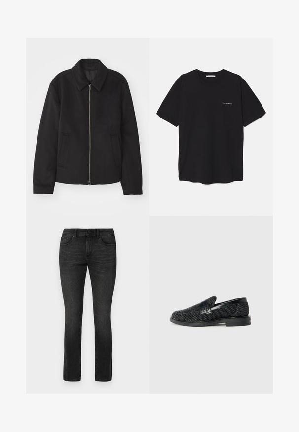 Chaqueta negra con cierre de cremallera, diseño ajustado, cuello redondeado y bolsillos con abertura. Fabricada en un tejido suave y texturizado.; Camiseta de algodón negra con cuello redondo, mangas cortas y un estampado de logo blanco en el lado izquierdo del pecho. Diseño simple y de color sólido.; Jeans de mezclilla negra elástica con diseño de pierna recta, estilo de cinco bolsillos y cierre de botón metálico en la cintura.; Zapato negro de tejido con un acento de cuero suave en la parte superior, diseño de punta redonda y suela de goma de perfil bajo.