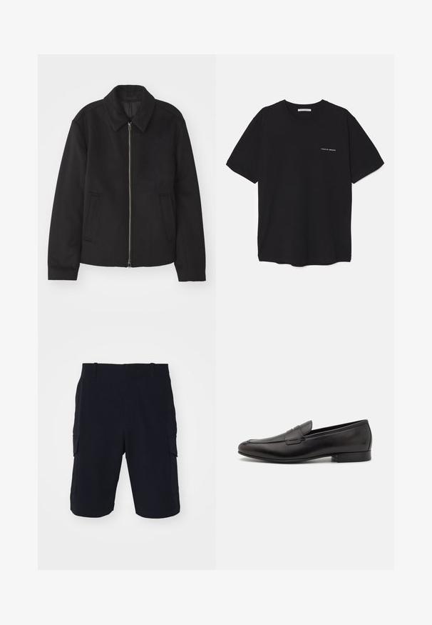 Fekete dzseki cipzárral, testreszabott dizájnnal, kerek nyakkal és zsebekkel. Sima, texturált anyagból készült.; Fekete pamut T-shirt kerek nyakkivágással, rövid ujjakkal, és fehér logónyomattal a bal mellrészen. Egyszerű, egyszínű dizájn.; rag & bone CADE - Rövidnadrágok - black; Fekete bőr loaferek elegáns dizájnnal, kerek orral és alacsony, rétegelt sarokkal. Díszített varrással rendelkezik a felsőrészen.