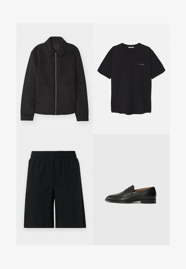Black jacket with a zip closure, tailored design, a rounded collar, and slit pockets. Made from a smooth, textured fabric.; Black cotton T-shirt with a crew neck, short sleeves, and a white logo print on the left chest. Simple, solid color design.; Black shorts with an elastic waistband, featuring a textured fabric, knee-length design, and side pockets.; Black leather loafer with a rounded toe, subtle stitched detailing, and a low heel, featuring a smooth texture and minimalist design.
