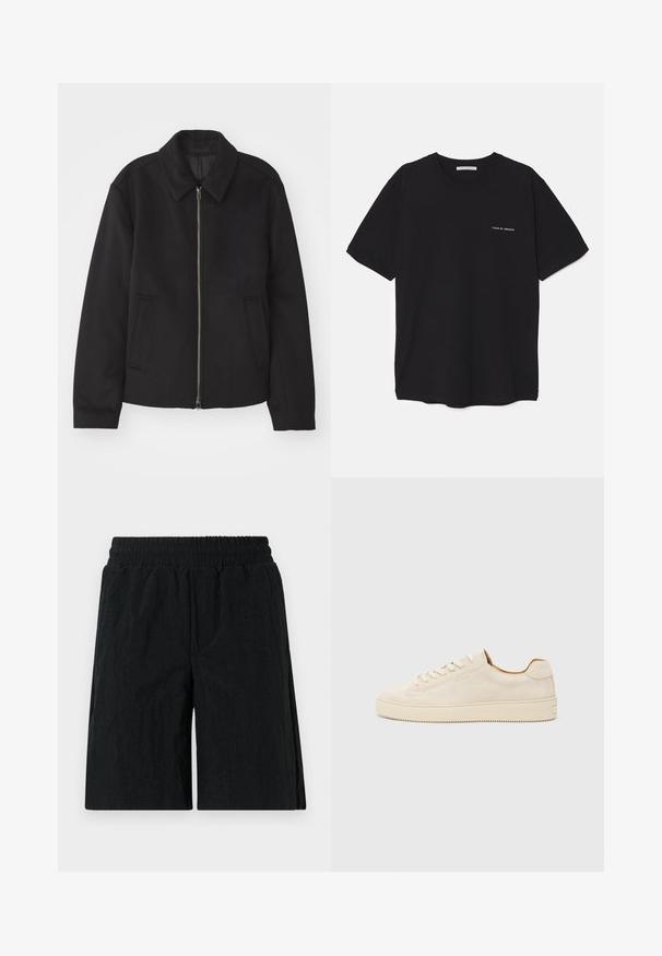 Čierna bunda so zipsom, upravený strih, okrúhly golier a bočné vrecká. Vyrobená z hladkej, textúrovanej látky.; Čierne bavlnené tričko s okrúhlym výstrihom, krátkymi rukávmi a bielou potlačou loga na ľavej hrudi. Jednoduchý, jednoliaty dizajn.; Čierne šortky s elastickým pásom, vyrobené z textúrovanej látky, s dĺžkou po kolená a bočnými vreckami.; Svetlohnedé semišové tenisky s nízkym strihom, okrúhlou špičkou, plochými šnúrkami a textúrovanou gumovou podrážkou. Minimalistický štýl bez viditeľných log.