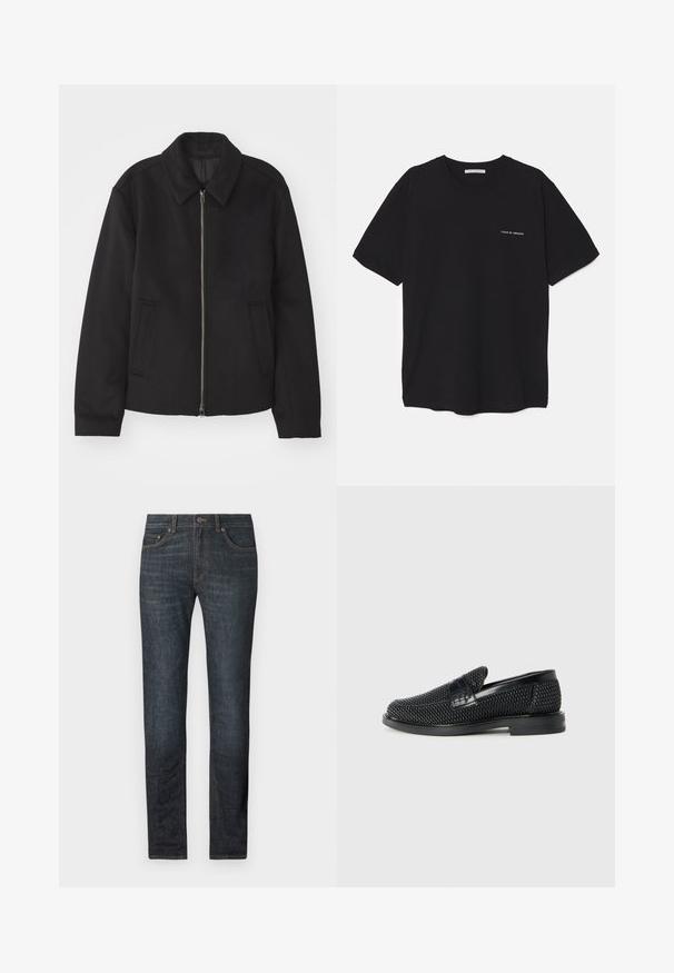 Chaqueta negra con cierre de cremallera, diseño ajustado, cuello redondeado y bolsillos con abertura. Fabricada en un tejido suave y texturizado.; Camiseta de algodón negra con cuello redondo, mangas cortas y un estampado de logo blanco en el lado izquierdo del pecho. Diseño simple y de color sólido.; Jeans de mezclilla oscuro con corte recto, cierre de botón y cinco bolsillos. La tela presenta una textura suave con sutiles detalles de costura.; Zapato negro de tejido con un acento de cuero suave en la parte superior, diseño de punta redonda y suela de goma de perfil bajo.