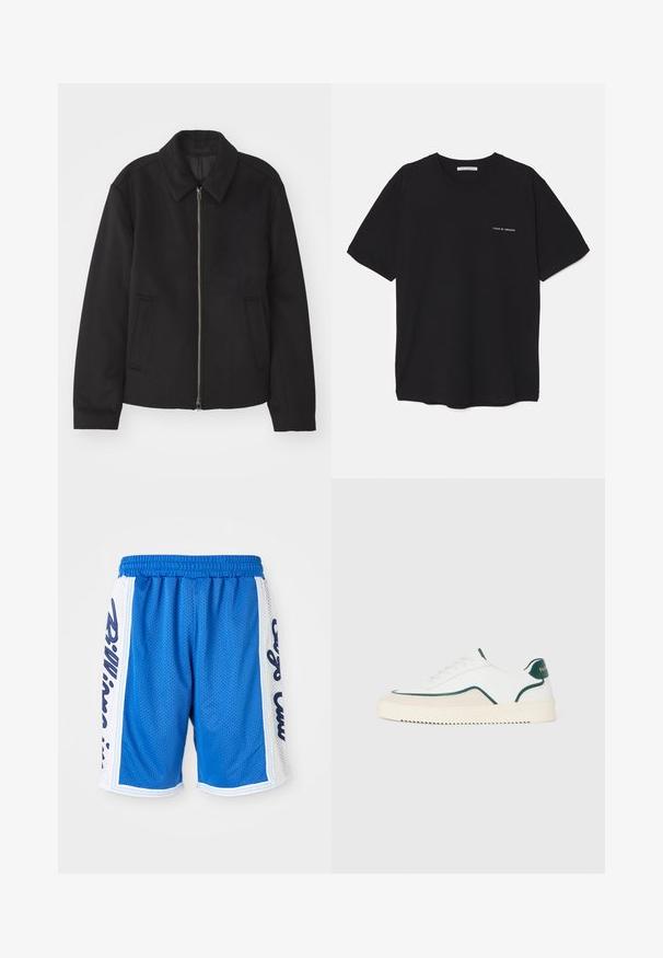Musta takki vetoketjukiinnityksellä, muotoiltu design, pyöreä kaulus ja viilto-taskut. Valmistettu sileästä, tekstuuripinnoitteisesta kankaasta.; Musta puuvillapaita, jossa on pyöreä kaula-aukko, lyhyet hihat ja valkoinen logopainatus vasemmassa rinnassa. Yksinkertainen, tasavärinen design.; Siniset verkkokankaiset urheilushortsit, joissa on joustava vyötärönauha, valkoiset sivupaneelit ja mustat kirjontadetaljit molemmin puolin.; Valkoiset matalat tennarit, joissa on vihreät yksityiskohdat, beige mokkajäljitelmä ja kermaisenvärinen pohja, jossa on uritettu pinta.