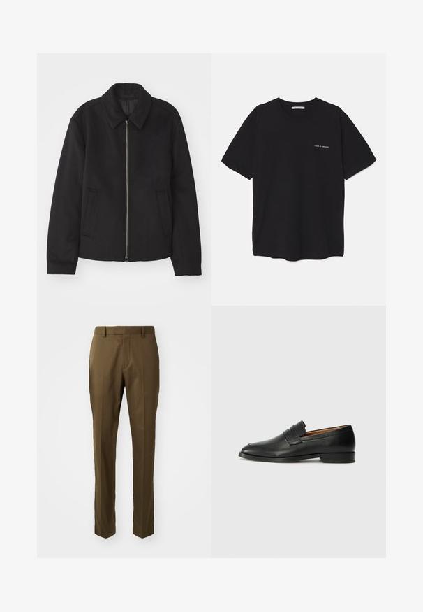 Juodas švarkas su užtrauktuku, pritaikyta forma, apvaliu apykakle ir kišenėmis su plyšiu. Pagamintas iš lygios, tekstūruotos medžiagos.; Juoda medvilninė marškinėlė su apykakle, trumpomis rankovėmis ir baltu logotipu kairėje krūtinės pusėje. Paprastas, vientisas spalvų dizainas.; Rudos pritaikytų kelnių tiesaus kirtimo dizainas, pagamintas iš lygaus audinio, su šoninėmis kišenėmis ir raukšle priekyje.; Juodas odinis loaferis su apvaliu nosiu, subtiliomis siuvimo detalėmis ir žemu kulnu, pasižymintis lygia tekstūra ir minimalistiniu dizainu.