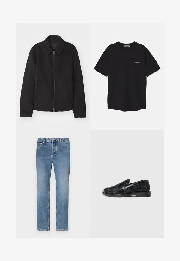 Juodas švarkas su užtrauktuku, pritaikyta forma, apvaliu apykakle ir kišenėmis su plyšiu. Pagamintas iš lygios, tekstūruotos medžiagos.; Juoda medvilninė marškinėlė su apykakle, trumpomis rankovėmis ir baltu logotipu kairėje krūtinės pusėje. Paprastas, vientisas spalvų dizainas.; Šviesiai mėlynos džinsinės kelnės su tiesiais prisiuvimais, penkiais kišenėmis ir užtraukiamu užsegimu. Išskirtinis blukimas ir siuvimo detalės.; Juodas pintas slip-on tipo batelis su lygiu odiniu akcentu viršuje, apvalios nosies dizainas ir žemas guminis padas.