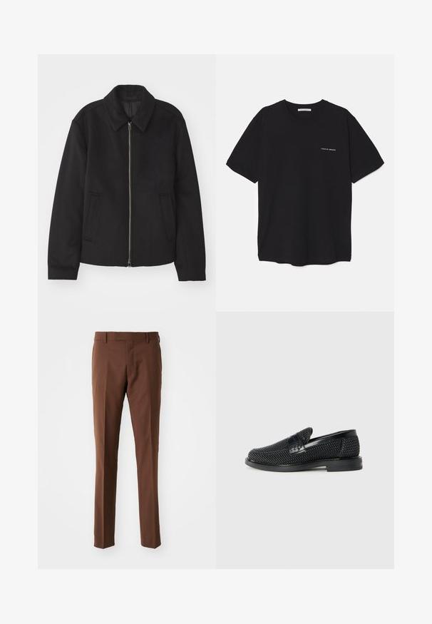 Crna jakna s patentnim zatvaračem, prilagođenog dizajna, zaobljenim kragnom i proreznim džepovima. Izrađena od glatkog, teksturiranog materijala.; Crna pamučna majica s okruglim izrezom, kratkim rukavima i bijelim logotipom otisnutim na lijevoj strani prsnog koša. Jednostavan dizajn u jednoj boji.; Smeđe krojene hlače s ravnim prednjim dijelom, ravnim nogavicama, glatkom teksturom i petljama za pojas. Nema vidljivih uzoraka ili metalnih detalja.; Crne pletene cipele bez pertli s glatkim kožnim naglaskom na gornjem dijelu, s dizajnom okruglog nosa i niskoprofilnom gumenom đonom.