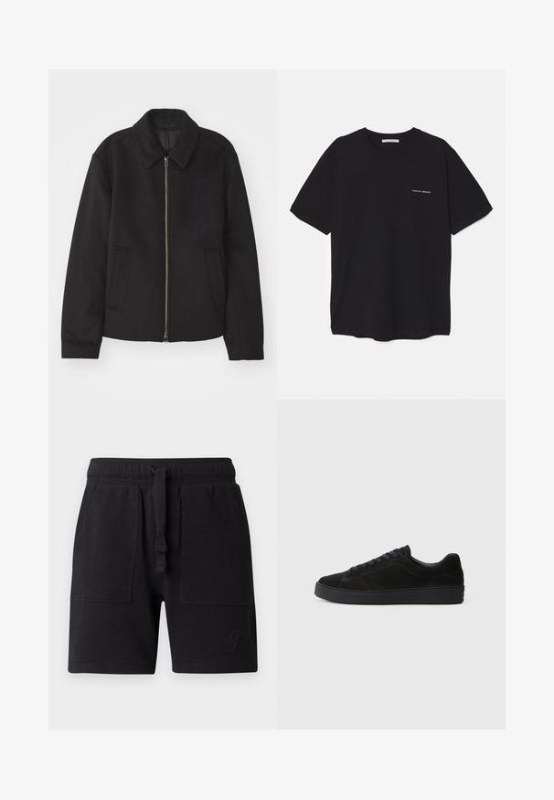 Crna jakna s patentnim zatvaračem, prilagođenog dizajna, zaobljenim kragnom i proreznim džepovima. Izrađena od glatkog, teksturiranog materijala.; Crna pamučna majica s okruglim izrezom, kratkim rukavima i bijelim logotipom otisnutim na lijevoj strani prsnog koša. Jednostavan dizajn u jednoj boji.; Crne kratke hlače od mješavine pamuka, s elastičnim pojasom na vezanje, dva bočna džepa i malim logotipom.; Crne antilop tenisice s ravnim, teksturiranim potplatom, zaobljenim prstom, šest rupica za vezice i minimalističkim dizajnom.