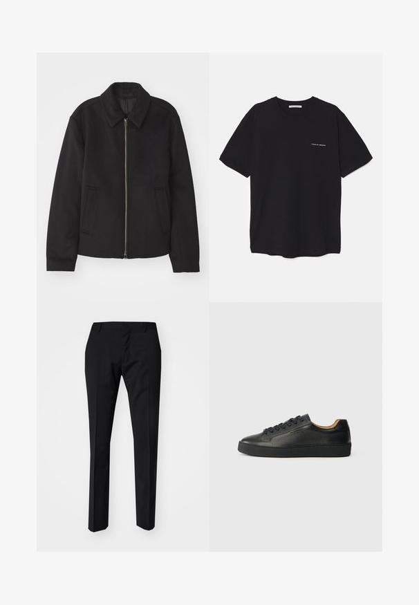 Crna jakna s patentnim zatvaračem, prilagođenog dizajna, zaobljenim kragnom i proreznim džepovima. Izrađena od glatkog, teksturiranog materijala.; Crna pamučna majica s okruglim izrezom, kratkim rukavima i bijelim logotipom otisnutim na lijevoj strani prsnog koša. Jednostavan dizajn u jednoj boji.; Crne hlače uskog kroja, s ravnim prednjim dijelom, petljama za pojas i bez vidljivih džepova. Glatka tekstura i čiste linije.; Crne niske kožne tenisice s teksturiranim površinom, crnim vezicama i debelim gumenim potplatima, prikazane sa strane na svijetloj pozadini.