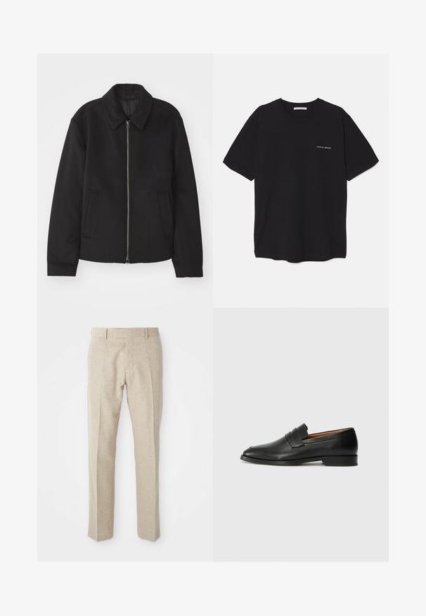 Črna jakna z zadrgo, prilagojena zasnova, okrogla ovratnica in žepi z rezi. Narejena iz gladke, teksturirane tkanine.; Črna bombažna majica s kratkimi rokavi in okroglim ovratnikom, z belim logotipom natisnjenim na levi prsni strani. Preprost, enobarven dizajn.; Bež hlače po meri, izdelane iz teksturirane tkanine, z ravnim sprednjim delom, ravnimi nogami in tradicionalnim pasom z zankami za pas.; Črne usnjene loferice z zaobljenim prstom, subtilnim šivanjem in nizkim petam, ki se odlikujejo po gladki teksturi in minimalističnem oblikovanju.