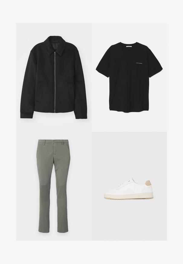 Must mustriga, mis on varustatud lukuga, kohandatud disaini, ümarate kaeluste ja lõhesalongidega taskudega. Valmistatud siledast, tekstuurilisest kangast.; Must musta T-särk, ümar kaelus, lühikesed varrukad ja valge logo trükk vasakul rinnal. Lihtne, ühtlane värvitoon.; Hallid hallid chinos sirge sääre disainiga, külgmiste taskutega ja puhta vöökohtadega. Valmistatud sujuvast ja kergest kangast.; Valged madala varsaga tennisetooted, mille pealmine on tekstuuriga nahast, kreemja soonikuga tald ja pruuni tooni kand. Omab valgeid paelu ja logodetaile kanna peal.