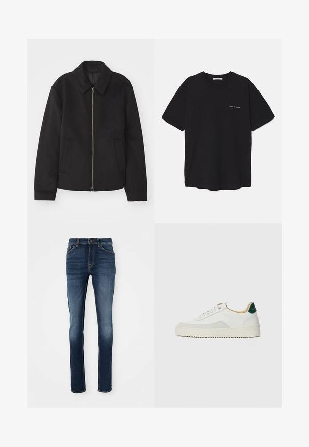 Casaco preto com fecho de correr, design ajustado, colarinho redondo e bolsos com fenda. Feito de um tecido liso e texturizado.; T-shirt preta de algodão com gola redonda, mangas curtas e impressão de logó tipo branca no lado esquerdo do peito. Design simples, de cor sólida.; Jeans de ganga azul escuro com um corte slim, apresentando cinco bolsos, costura dourada e uma parte frontal ligeiramente desbotada para um look casual.; Tênis brancos com detalhes em camurça, bico arredondado, atacadores planos e sola de borracha creme. Apresenta uma marcação verde no calcanhar.