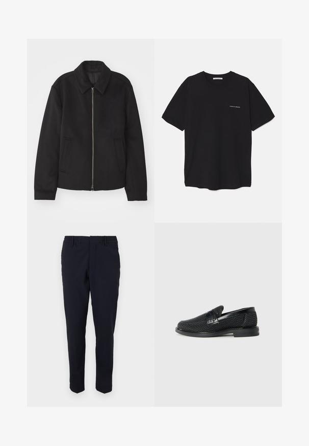 Black jacket with a zip closure, tailored design, a rounded collar, and slit pockets. Made from a smooth, textured fabric.; Black cotton T-shirt with a crew neck, short sleeves, and a white logo print on the left chest. Simple, solid color design.; Navy blue woven pants with an elastic waist, slim fit design, and tapered legs. No visible pockets or hardware details.; Black woven slip-on shoe with a smooth leather accent on the upper, a round toe design, and a low-profile rubber sole.