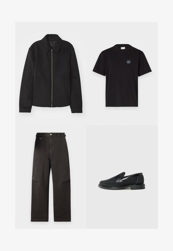 Jachetă neagră cu închidere prin fermoar, design ajustat, guler rotund și buzunare cu fanta. Fabricată dintr-un material neted, texturat.; Tricou din bumbac negru cu guler rotund și mâneci scurte. Prezintă un mic logo albastru pe partea stângă a pieptului. Design simplu, cu tăietură dreaptă.; Pantaloni negri cu picioare largi, dintr-un material rezistent, având o închidere frontală cu button și buzunare laterale. Include un accent dintr-un inel metalic pe talie.; Pantofii negri din material textil, cu accent din piele netedă pe partea superioară, design cu vârf rotund și talpă din cauciuc de profil redus.