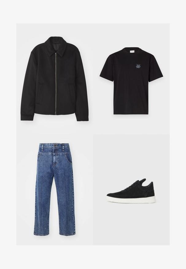 Chaqueta negra con cierre de cremallera, diseño ajustado, cuello redondeado y bolsillos con abertura. Fabricada en un tejido suave y texturizado.; Camiseta de algodón negra con cuello redondo y mangas cortas. Presenta un pequeño logo azul en el lado izquierdo del pecho. Diseño simple y de corte recto.; Jeans de mezclilla azul con un corte relajado, perneras rectas, bolsillos frontales y cierre de botón. Presenta detalles de costura mínimos.; Zapatilla de ante negra con suela de goma blanca, que presenta costuras en el mismo tono y un diseño de cordones. Textura suave con una forma moderna y aerodinámica.
