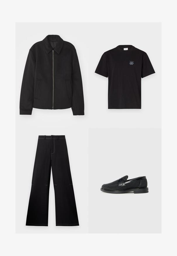 Fekete dzseki cipzárral, testreszabott dizájnnal, kerek nyakkal és zsebekkel. Sima, texturált anyagból készült.; Fekete pamut póló kerek nyakkal és rövid ujjakkal. Bal mellen egy kis kék logó található. Egyszerű, egyenes szabású dizájn.; Fekete, bő szárú nadrág, fehér díszvarrással, gombos záródással és övtartóval ellátott derékkal. Könnyű anyagból készült.; Fekete szőtt slip-on cipő sima bőr díszítéssel a felsőrészen, kerek orral és alacsony profilos gumitalppal.