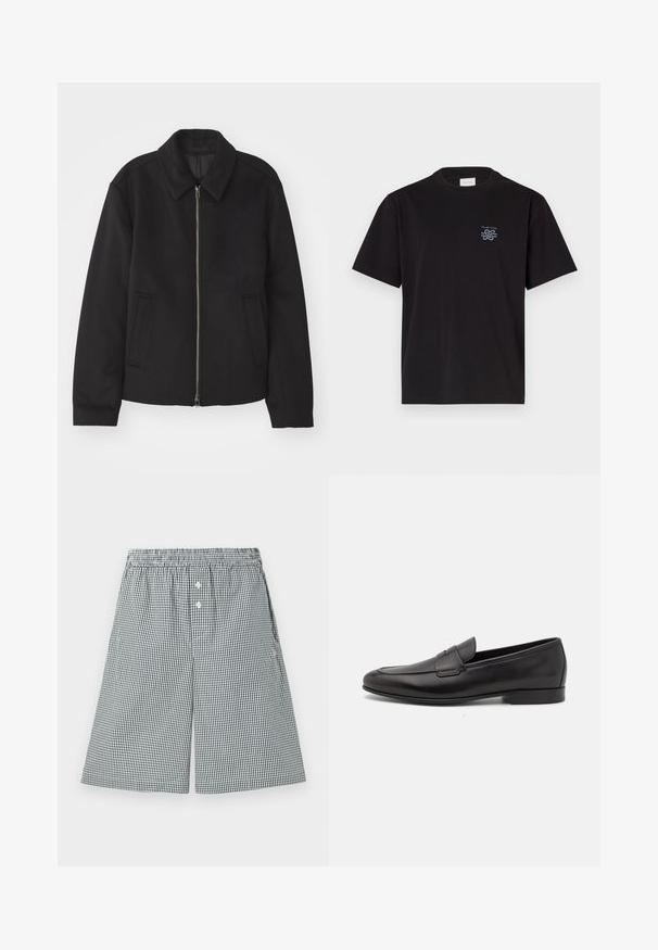 Črna jakna z zadrgo, prilagojena zasnova, okrogla ovratnica in žepi z rezi. Narejena iz gladke, teksturirane tkanine.; Črna bombažna majica s kratkimi rokavi in kroоровim ovratnikom. Ima majhen modri logotip na levem prsnem delu. Preprost, ravno krojen dizajn.; Šorty s černo-bílým károvaným vzorem vyrobené z lehkého materiálu. Mají elastický pas a knoflíkové detaily na přední straně.; Moški črni usnjeni loafer s nizkim peto in klasičnim penny trakom, prikazan v bočnem profilu na belem ozadju.