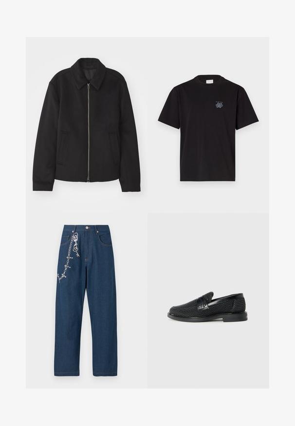 Černá bunda se zipovým uzávěrem, střižená designem, kulatým límcem a kapsami na bocích. Vyrobena z hladké, strukturované tkaniny.; Černé bavlněné tričko s kulatým výstřihem a krátkými rukávy. Na levé části hrudi se nachází malé modré logo. Jednoduchý, rovně střižený design.; Tmavě modré denimové kalhoty širokého střihu s řetízkem, na které jsou připevněny rhinestony na levé straně, a viditelné oranžové prošívání na kapsách a lemu.; Černé pletené nazouvací boty s hladkým koženým akcentem na svršku, kulatou špičkou a nízkoprofilovou gumovou podrážkou.