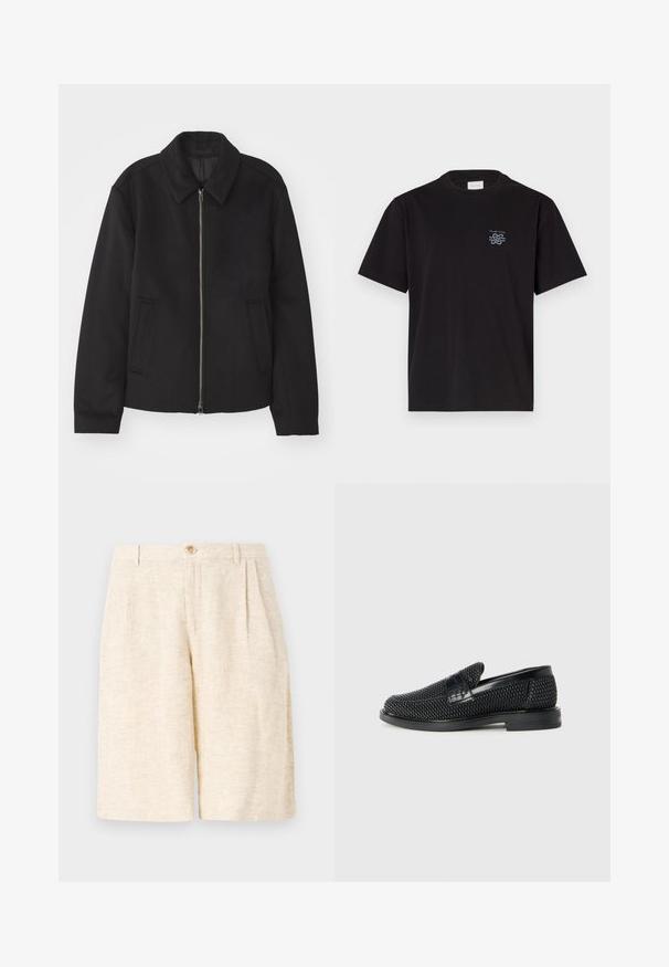 Černá bunda se zipovým uzávěrem, střižená designem, kulatým límcem a kapsami na bocích. Vyrobena z hladké, strukturované tkaniny.; Černé bavlněné tričko s kulatým výstřihem a krátkými rukávy. Na levé části hrudi se nachází malé modré logo. Jednoduchý, rovně střižený design.; Béžové šortky na míru vyrobené z texturované látky, s předními sklady, knoflíkovým zapínáním a rovnými nohavicemi.; Černé pletené nazouvací boty s hladkým koženým akcentem na svršku, kulatou špičkou a nízkoprofilovou gumovou podrážkou.