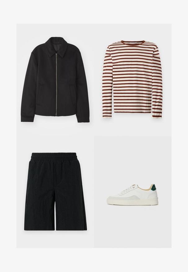 Fekete dzseki cipzárral, testreszabott dizájnnal, kerek nyakkal és zsebekkel. Sima, texturált anyagból készült.; Hosszú ujjú, kerek nyakú póló, vízszintes barna és fehér csíkokkal, puha anyagból, világos háttéren lefektetve.; Fekete nadrág, rugalmas derekú, texturált anyagból készült, térd hosszúságú fazon, oldalsó zsebekkel.; Fehér sneaker suédé részletekkel, kerek orral, lapos fűzőkkel és krémszínű gumitalppal. Zöld logó található a sarkán.