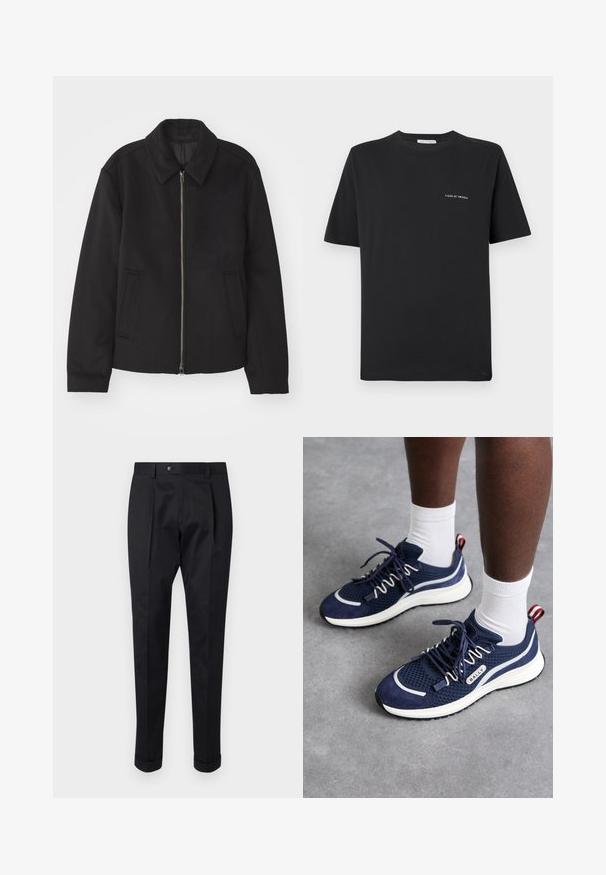 Melnā jaka ar rāvējslēdzēju, piegrieztas formas dizains, noapaļots apkakle un šķēluma kabatas. Izgatavota no gludas, teksturētas auduma.; Melna kokvilnas T-kreklu ar apaļu kakla izgriezumu, īsām piedurknēm un mazu balto "TIGER OF SWEDEN" logotipu uz krūtīm. Klasiskā piegriezuma.; Melni bikses, izgatavotas no gludas auduma, ar uzkāpes priekšpusē, pogu aizdari un velkot piegriezumu pie potītes.; Bally DARYEL - Sporta apavi - marine/dusty white