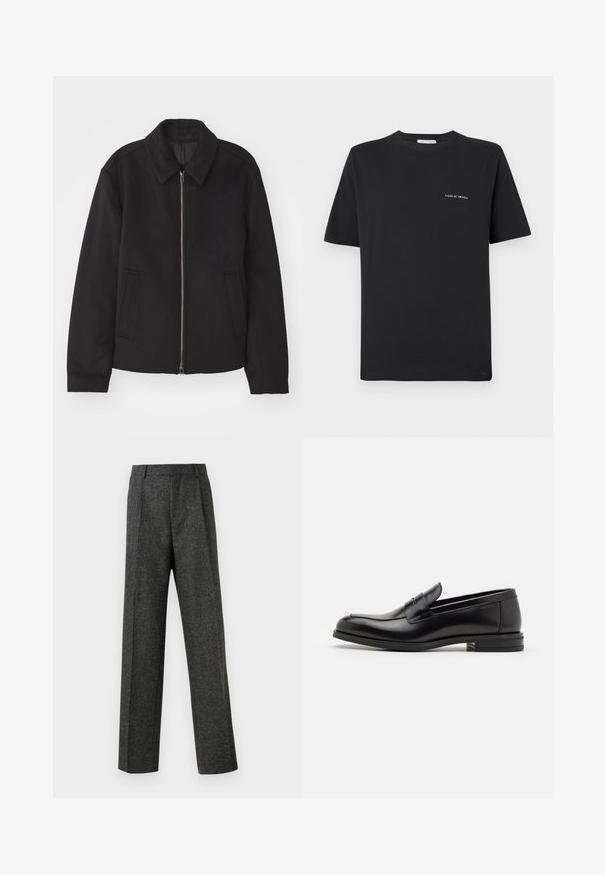 Casaco preto com fecho de correr, design ajustado, colarinho redondo e bolsos com fenda. Feito de um tecido liso e texturizado.; Camisa de algodão preta com decote redondo, mangas curtas e um pequeno logo branco "TIGER OF SWEDEN" no peito. Corte clássico.; Calças cinzentas ajustadas, feitas de um tecido texturizado, com duas pregas frontais e um design de perna reta. Sem bolsos visíveis ou enfeites.; Mocassins de couro preto com uma textura suave, bico arredondado e uma faixa decorativa sobre o peito do pé. Salto baixo e empilhado, design minimalista.