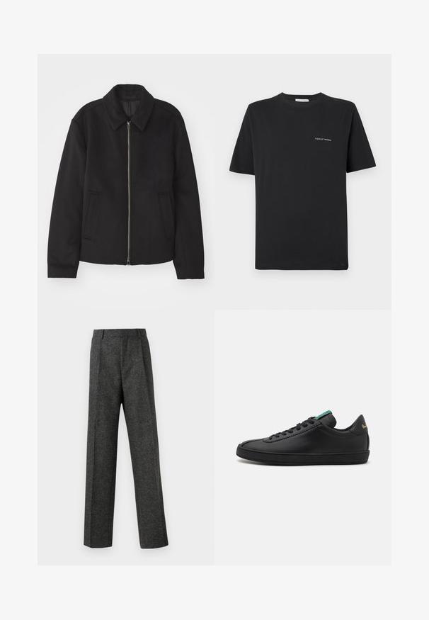Casaco preto com fecho de correr, design ajustado, colarinho redondo e bolsos com fenda. Feito de um tecido liso e texturizado.; Camisa de algodão preta com decote redondo, mangas curtas e um pequeno logo branco "TIGER OF SWEDEN" no peito. Corte clássico.; Calças cinzentas ajustadas, feitas de um tecido texturizado, com duas pregas frontais e um design de perna reta. Sem bolsos visíveis ou enfeites.; Sapatilha de couro preta com biqueira arredondada, atacadores planos, destaque verde na língua e logotipo dourado no calcanhar. Sola de borracha texturizada.
