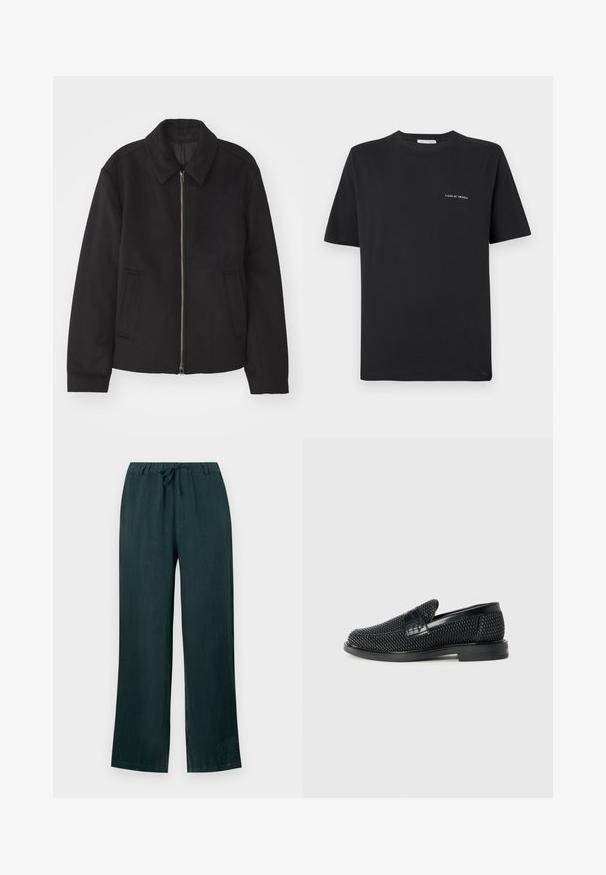 Black jacket with a zip closure, tailored design, a rounded collar, and slit pockets. Made from a smooth, textured fabric.; Black cotton T-shirt with a crew neckline, short sleeves, and a small white "TIGER OF SWEDEN" logo on the chest. Classic fit.; Dark green linen pants with a relaxed fit, featuring a drawstring waistband and wide legs, smooth texture, and no visible patterns.; Black woven slip-on shoe with a smooth leather accent on the upper, a round toe design, and a low-profile rubber sole.