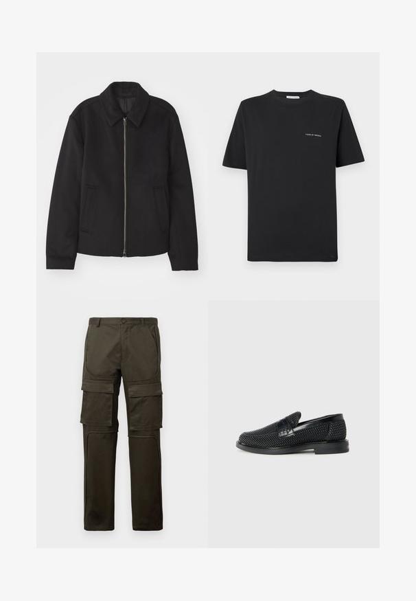 Fekete dzseki cipzárral, testreszabott dizájnnal, kerek nyakkal és zsebekkel. Sima, texturált anyagból készült.; Fekete pamut póló kerek nyakkivágással, rövid ujjakkal és egy kis fehér "TIGER OF SWEDEN" logóval a mellkasán. Klasszikus fazon.; Sötét olívazöld cargo nadrág, több nagy elülső és combzsebbel, gombos záródással és varrott térdpanelekkel, fehér háttér előtt.; Fekete szőtt slip-on cipő sima bőr díszítéssel a felsőrészen, kerek orral és alacsony profilos gumitalppal.