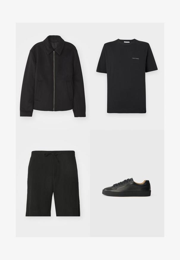 Μαύρο μπουφάν με φερμουάρ, κομψή γραμμή, στρογγυλός γιακάς και τσέπες με άνοιγμα. Κατασκευασμένο από μαλακό, υφασμάτινο υλικό.; Μαύρο βαμβακερό T-shirt με στρογγυλή λαιμόκοψη, κοντά μανίκια και μικρό λευκό λογότυπο "TIGER OF SWEDEN" στο στήθος. Κλασική εφαρμογή.; Μαύρες λινές βερμούδες με ελαστική μέση, προσφέροντας άνετη εφαρμογή και μήκος ως το γόνατο. Λείος υφασμάτινος χαρακτήρας, απλός και κλασικός σχεδιασμός.; Μαύρο χαμηλό δερμάτινο αθλητικό παπούτσι με υφή, μαύρες κορδόνες και χοντρή καουτσούκ σόλα, εμφανίζεται από το πλάι σε φωτεινό φόντο.