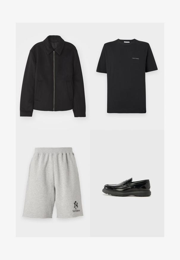 Casaco preto com fecho de correr, design ajustado, colarinho redondo e bolsos com fenda. Feito de um tecido liso e texturizado.; Camisa de algodão preta com decote redondo, mangas curtas e um pequeno logo branco "TIGER OF SWEDEN" no peito. Corte clássico.; Calções de algodão cinzentos com um cós elástico, apresentando um logótipo preto que diz "No Problemo" na parte inferior esquerda e bordas não acabadas.; Mocassim de couro preto com acabamento brilhante, bico arredondado, detalhes de costura subtil e sola de borracha espessa para durabilidade.