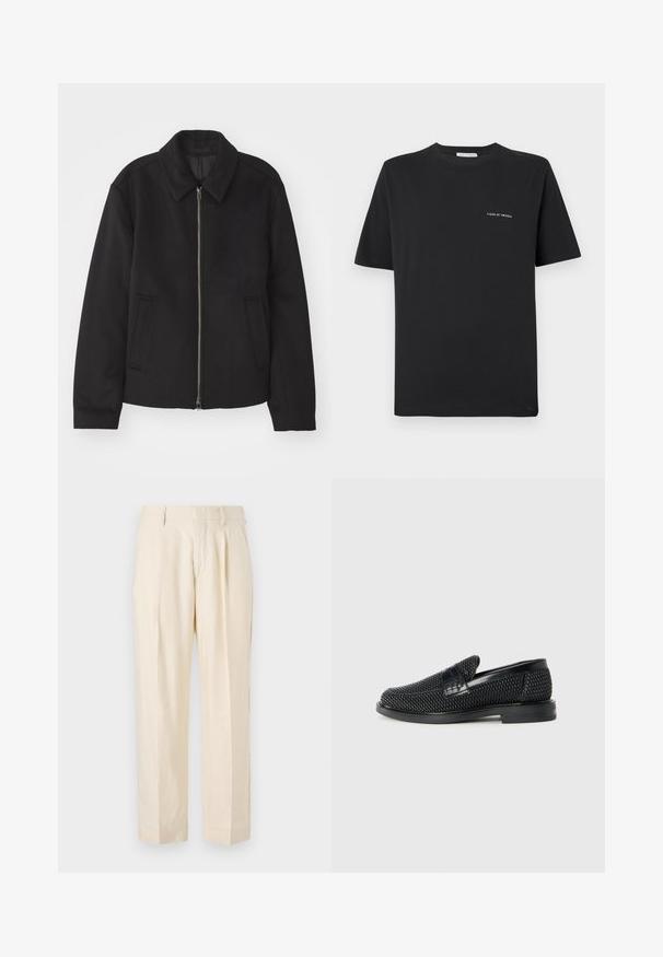 Čierna bunda so zipsom, upravený strih, okrúhly golier a bočné vrecká. Vyrobená z hladkej, textúrovanej látky.; Čierne bavlnené tričko s okrúhlym výstrihom, krátkymi rukávmi a malým bielym logom "TIGER OF SWEDEN" na hrudi. Klasický strih.; NN.07 KAY - Nohavice - off white; Čierne tkané slip-on topánky s hladkým koženým akcentom na vrchnej časti, s okrúlym dizajnom špičky a nízkoprofilovou gumovou podrážkou.