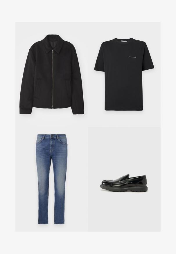 Juodas švarkas su užtrauktuku, pritaikyta forma, apvaliu apykakle ir kišenėmis su plyšiu. Pagamintas iš lygios, tekstūruotos medžiagos.; Juoda medvilnės marškinėliai su apvaliu kaklu, trumpomis rankovėmis ir mažu baltu „TIGER OF SWEDEN“ logotipu krūtinėje. Klasikinis siluetas.; Mėlynos džinsinės kelnės su šviesiu plovimu, penkių kišenių dizainu, tiesiu kojų siluetu ir mygtukų užsegimu. Yra šviesus nusidėvėjimas ir subtilūs siuvinėjimo akcentai.; Juodas odinis loaferis su blizgiu paviršiumi, apvaliu pirštu, subtiliais siūlių detalėmis ir storu guminio pado, užtikrinančio ilgaamžiškumą.