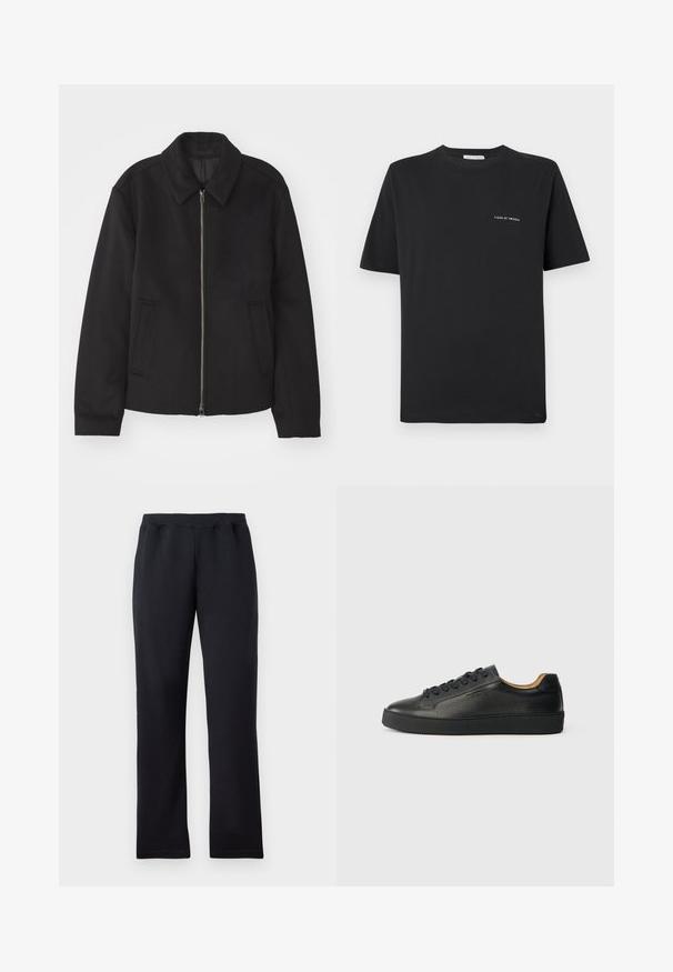 Čierna bunda so zipsom, upravený strih, okrúhly golier a bočné vrecká. Vyrobená z hladkej, textúrovanej látky.; Čierne bavlnené tričko s okrúhlym výstrihom, krátkymi rukávmi a malým bielym logom "TIGER OF SWEDEN" na hrudi. Klasický strih.; Čierne rovné tepláky s elastickým pásom, vystavené na bielom pozadí.; Čierne nízke kožené tenisky s textúrovaným povrchom, čiernymi šnúrkami a hrubou gumenou podrážkou, zobrazené z boku na svetlom pozadí.