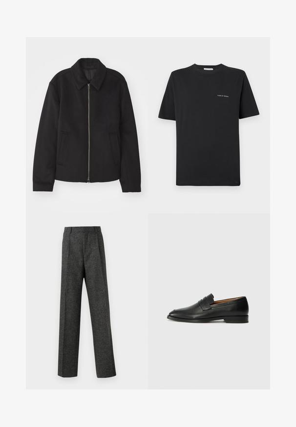 Črna jakna z zadrgo, prilagojena zasnova, okrogla ovratnica in žepi z rezi. Narejena iz gladke, teksturirane tkanine.; Črna bombažna majica s krojnim izrezom, kratkimi rokavi in majhnim belim logotipom "TIGER OF SWEDEN" na prsih. Klasičen kroj.; Sive krojene hlače iz teksturirane tkanine, ki imajo dva sprednja nabora in ravno kroj. Brez vidnih žepov ali okrasnih elementov.; Črne usnjene loferice z zaobljenim prstom, subtilnim šivanjem in nizkim petam, ki se odlikujejo po gladki teksturi in minimalističnem oblikovanju.