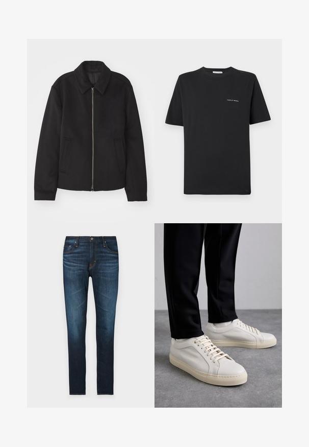 Casaco preto com fecho de correr, design ajustado, colarinho redondo e bolsos com fenda. Feito de um tecido liso e texturizado.; Camisa de algodão preta com decote redondo, mangas curtas e um pequeno logo branco "TIGER OF SWEDEN" no peito. Corte clássico.; Jeans de denim azul escuro com corte reto, apresentando cinco bolsos, detalhes em costura laranja e uma textura suave.; Tênis de couro bege claro com atacadores planos, uma superfície texturizada e uma sola de borracha creme contrastante, combinados com calças pretas ajustadas.